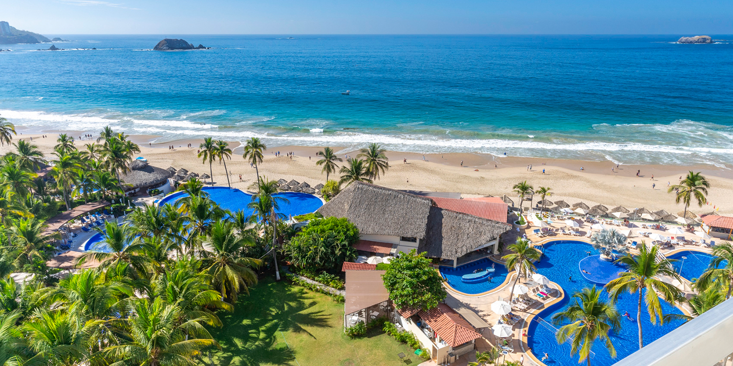 Krystal Ixtapa beachfront resort tower overlooking Playa El Palmar in Ixtapa, Mexico.
